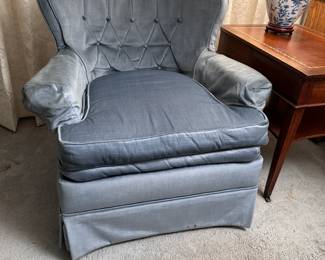 Vintage blue tufted armchair, low seat of 15"H, needs refurbishing as padding is depleated in areas, back is 28"H & 30"W across the arms