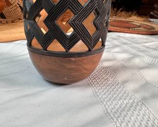Carved wooden cup/vase with open square sides from the Congo, mid-century, signed 3"H