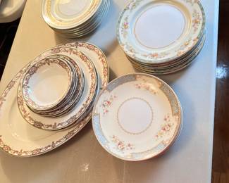 Grouping of fine china platters and dessert plates (some of the Limoges have mild chips) Mieto China 'Carolina', Noritake 'Juno' & 'Bluedawn'