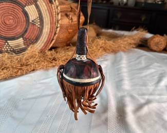 Leather covered gourd with fringed base from Congo, mid-century 6"H