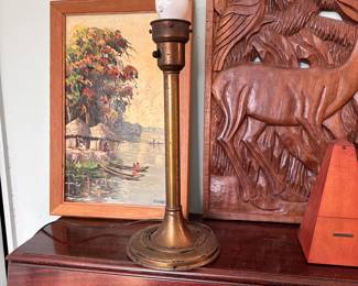 Vintage brass lamp (no globe) was likely from Freemason organization, etched 1948 Presidential Campaign 14"H