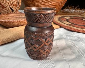 Hand-carved wooden vase, does have a through-&-through split on one side, signed, from the Congo, mid-century 4"H
