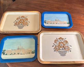 Group of vintage serving trays, lightweight, all have wear, largest is 13" x 18"