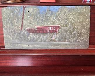 Large landscape with cottage painted on slate by Ed Stone 24"W x 11"H