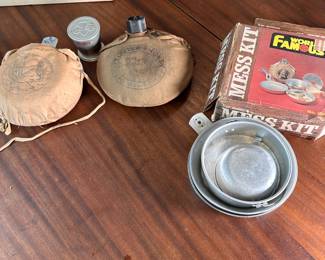Group of vintage mess kits, canteen and Girl Scout pop up cup (also one set utensils with pouch - not seen in pictures) 