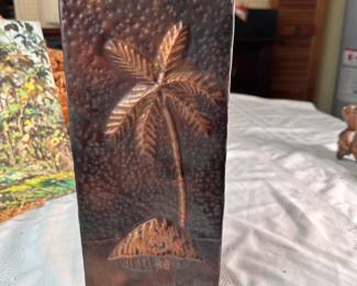 Repousse copper plaque of palm tree from the Congo, mid-century 13"H x 5.5"W