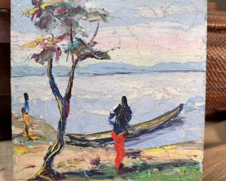 Colorful painting of the river, on pressboard, from the Congo, mid-century 8" x 8"