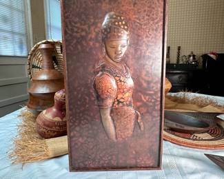 Repousse copper plaque of woman by Chence, with wooden frame from the Congo, mid-century 16" x 8"