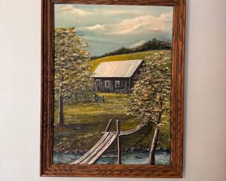 Oil painting on canvas board of rural farm by Miriam 'Mim' Abernathy of Charleston, 1976, 27" x 21"