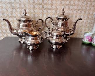 Silver plating over porcelain tea & coffee set with creamer & sugar, custom designed on Hutschenreuther porcelain (Lot L)