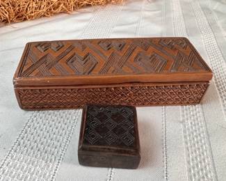 Two hand carved trinket boxes from the Congo, mid-century, largest is 2.5" x 6"