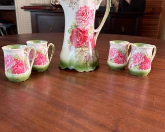 Vintage chocolate pot 8"H with cups, pot does not have a lid, one cup has a very minor chip, pink roses with green and gold accents, unmarked 