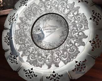 Silverplated etched and pierced Wm. A. Rogers 8273 tray (likely for Freemasons) 'President's Campaign 1947' in center 12"