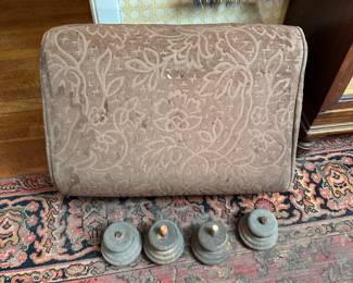 This antique ottoman has great bones and is ready for refurbishing 24"W x 17"D (estimate 12"H with feet attached) 