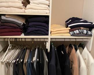 Men’s clothing jackets are 42 regular, sweaters are large and extra large