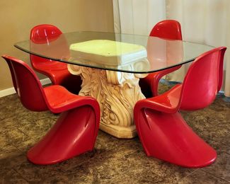 Verner Panton Style Chairs & Glass Dining Table 