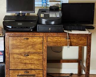 Wood Desk w/ Computer Stuff 