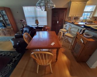 Ethan Allen Kitchen Table, Pine and Punched Tin Hidden Garbage Cabinet, 2 White Bar Stools, Lighted Glass Shelf China Cabinet