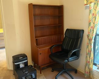Mid Century book shelf, desk chair and printer