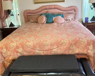 Leather foot chest and padded king headboard, mattresses and frame