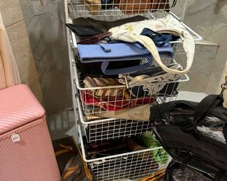 Purses and vintage clothes hamper