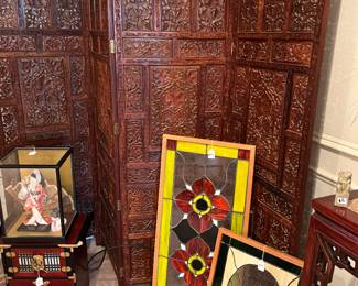 Asian craved wood screen, leaded glass and Korean jewelry box