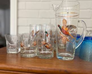 Vintage Mid Century Glass Martini Pitcher and 4 Lowball Glasses Barware Pheasant