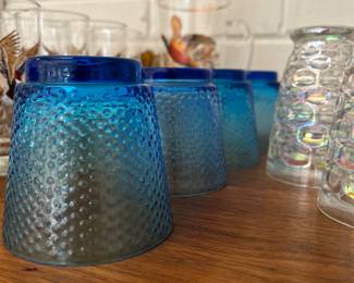 4 Blue Hobnail Water Glasses Vintage