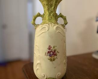 Bisque Handled Vase with Raised Floral Design
