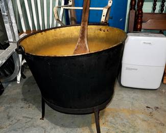 Large 20" Antique 1800's brass Kettle with Wooden Paddle - $275 