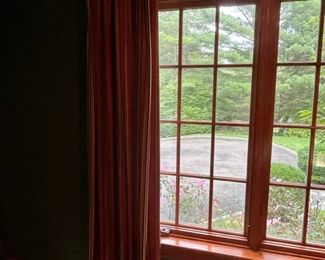 Custom drapery (6 panels) - maroon, dark green, gold vertical stripe pattern