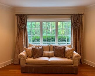Custom drapery - gold, traditional; formal traditional sofa and pillows