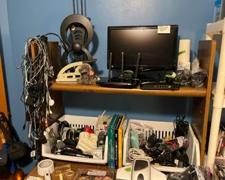 Electronic cords, computer desk, monitor 