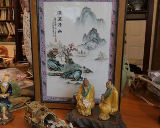 Large framed picture and Chinese mud men
