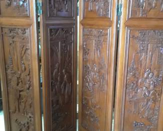 Four-panel carved wood floor screen