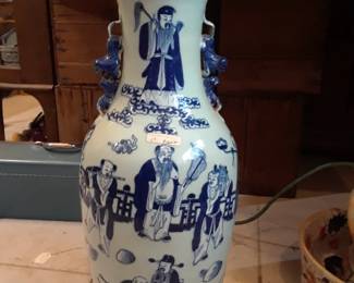 Floor size blue and white vase with scholars.