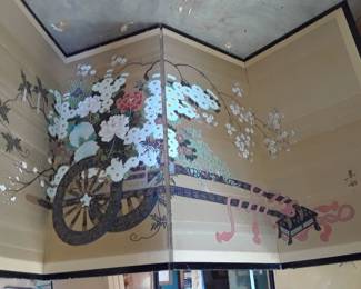 Mid century era four panel wall screen of a flower cart and seasonal blooms. 70" x 36"