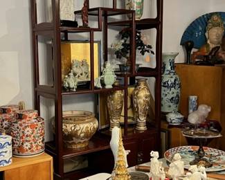 Display shelves of Satsuma, jade, Imari