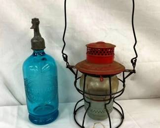 ETCHED SELTZER BOTTLE, RR LANTERN
