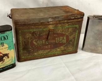 EARLY TOBACCO TINS, FLASK
