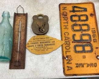 EARLY LIC. TAGS, THERM., BOTTLE ETC