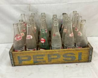 PEPSI CRATE W/ VARIOUS BOTTLES