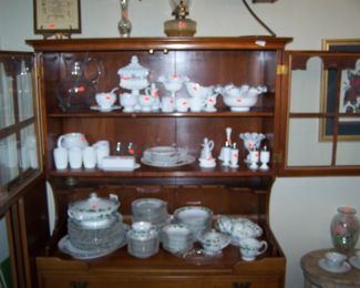 CHERRY HUTCH CABINET, DINNER SET, MILK GLASS & MORE
