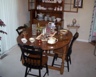 HITCHCOCK CHAIRS, CHERRY DROP-LEAF DINING TABLE ( HAS 3 LEAVES & PADS) & SMALLS