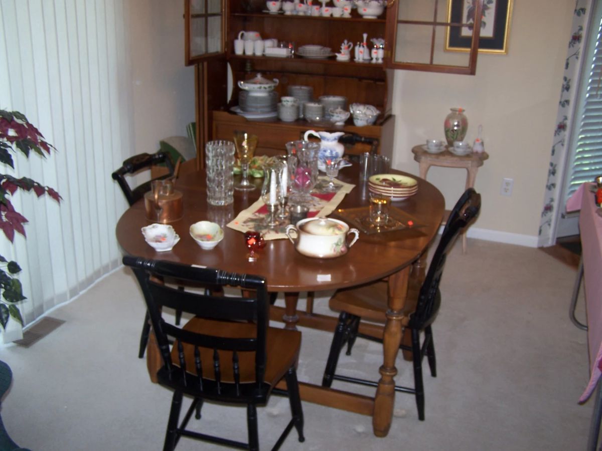 HITCHCOCK CHAIRS, CHERRY DROP-LEAF DINING TABLE ( HAS 3 LEAVES & PADS) & SMALLS