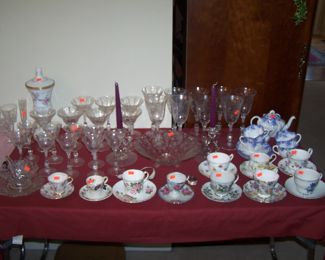 CAMBRIDGE "ROSE POINT" STEMS, SHELLEY "DAINTY BLUE" TEA SET & CUP/SAUCER COLLECTION