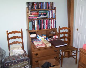 PAIR OF LADDER-BACK CHAIRS, BOOKS & BOOK-SHELF DESK