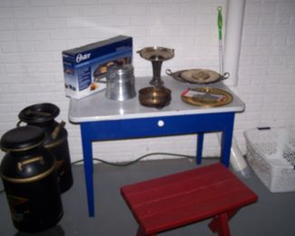 OLD PORCELAIN-TOP TABLE, PAINTED BENCH, SILVER-PLATED BASKET & TRAYS AND OLD MILK CANS