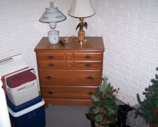 MAPLE CHEST, LAMPS & COOLERS