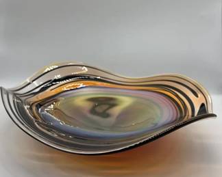 Hand Blown Glass Art Bowl Artist Signed 15”x 4”
